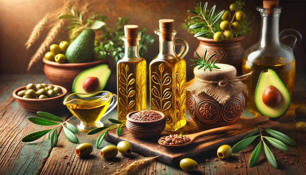 An artistic arrangement of heart-healthy cooking oils in decorative glass bottles, placed on a wooden kitchen countertop. Surrounding the oils are fresh olives, nuts, and vibrant green herbs, illuminated by warm lighting that enhances the golden hues.