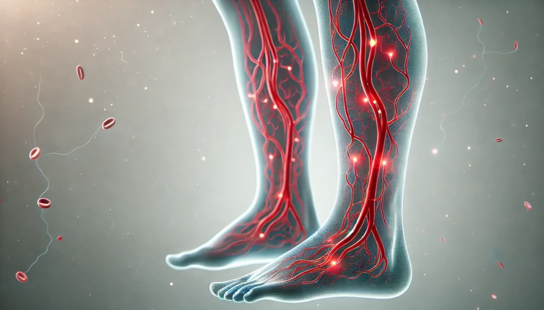 A detailed medical illustration of human legs with highlighted arteries in red, showing improved blood circulation after medication. The arteries appear smooth and unblocked, symbolizing enhanced circulation.