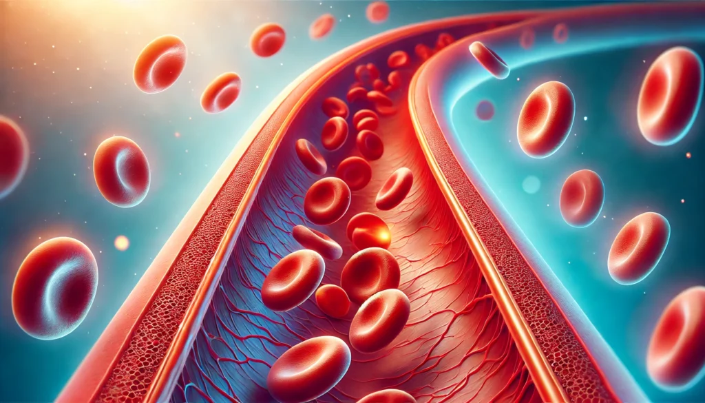 A close-up medical illustration of red blood cells flowing smoothly through a healthy artery, demonstrating the effects of Peripheral Artery Disease medication in improving circulation.
