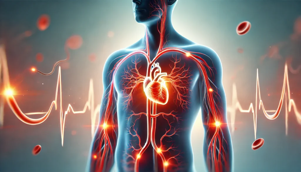 A conceptual image of a human silhouette with glowing red-orange arteries, visually representing enhanced blood flow and circulation after taking medication for Peripheral Artery Disease.