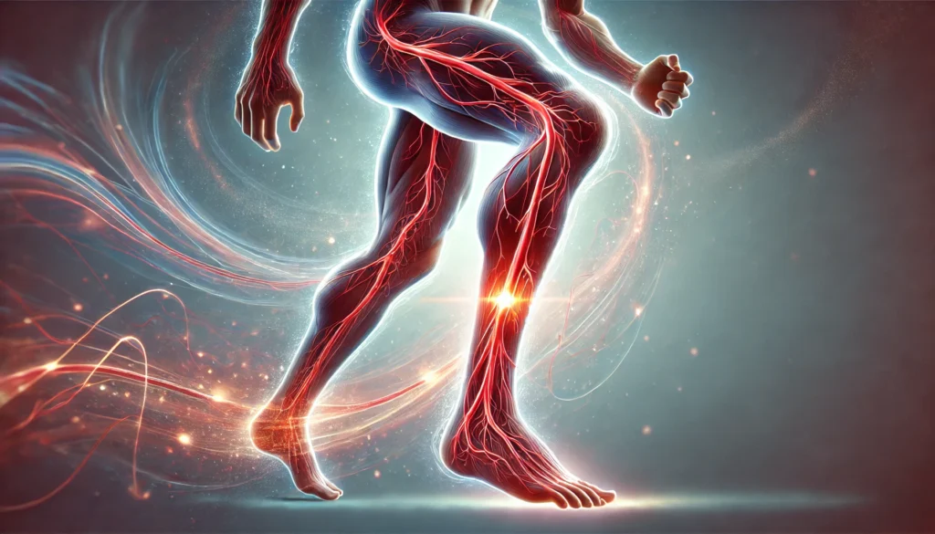 An artistic representation of a healthy human leg with glowing arteries, symbolizing improved circulation and mobility after treatment for Peripheral Artery Disease.