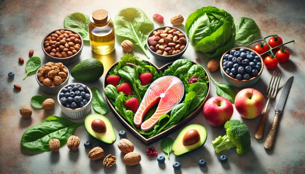 A visually appealing assortment of heart-healthy foods, including leafy greens, salmon, nuts, berries, and avocados, arranged on a wooden table with soft natural lighting, emphasizing fresh and nutritious ingredients that support heart health.