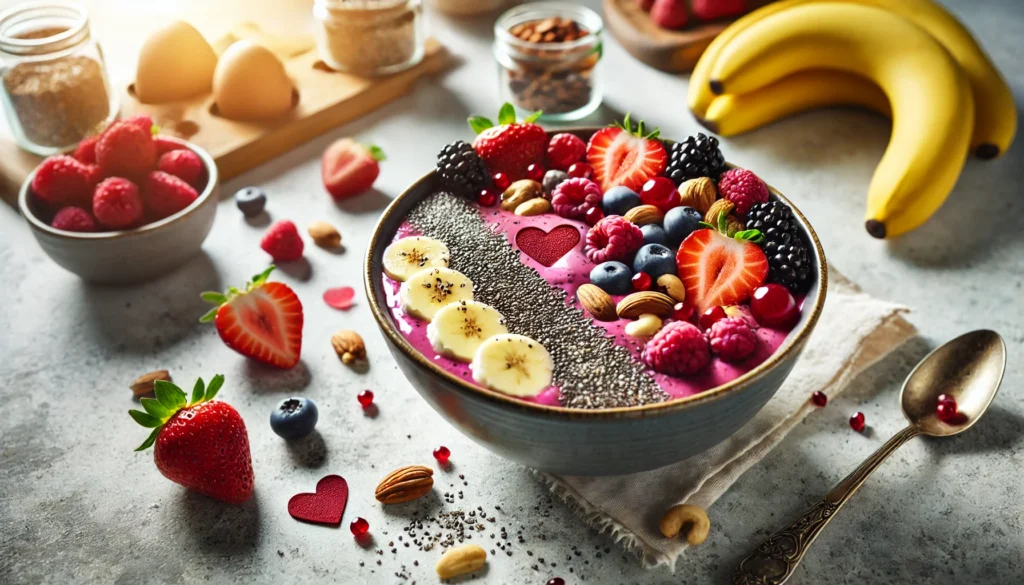 A vibrant smoothie bowl topped with heart-healthy ingredients such as chia seeds, nuts, berries, and bananas, presented in a clean and bright kitchen setting with natural light, highlighting a nutritious meal for heart health.