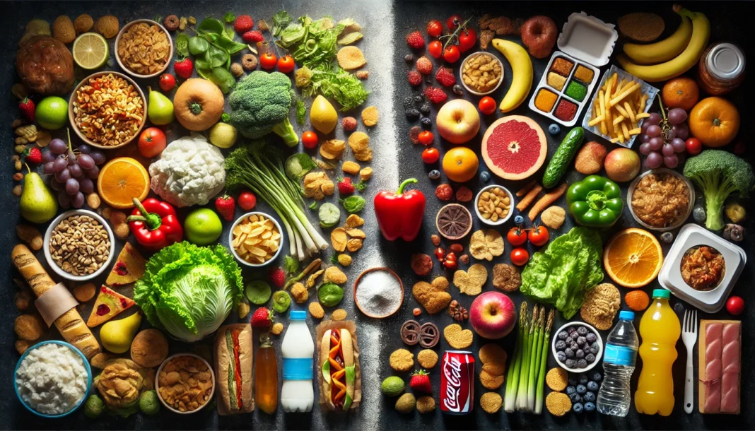 A dramatic contrast between healthy and unhealthy foods, divided in the middle. One side features fresh vegetables, fruits, whole grains, and lean proteins, while the other side showcases fried foods, processed snacks, soda, and sugary desserts, symbolizing the choice between heart-healthy and unhealthy eating habits.