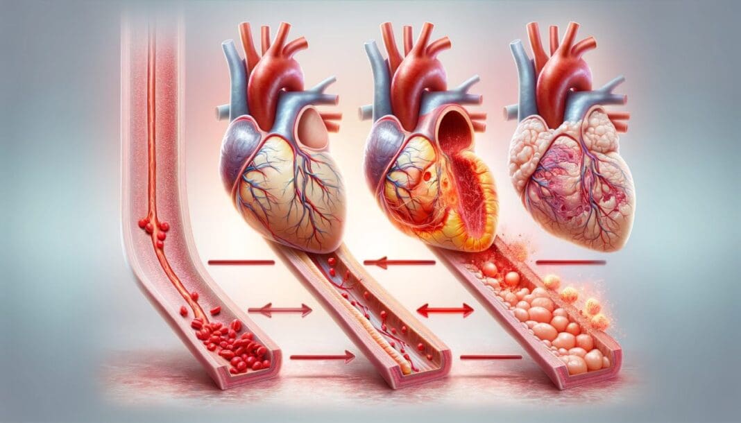 A medical illustration showing the progression from normal heart tissue to ischemia and finally infarction. The first section depicts normal blood flow, the second shows reduced blood flow causing ischemia, and the third illustrates a fully blocked artery leading to infarction and dead heart tissue. The background has a clinical gradient.
