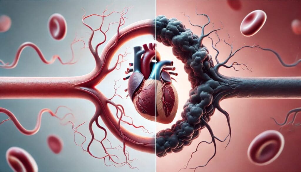 A medical illustration comparing ischemia and infarction. The left side shows a narrowed artery with reduced blood flow, leading to oxygen-deprived tissue. The right side depicts a fully blocked artery causing dark, necrotic tissue.
