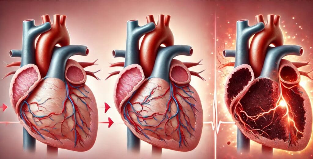 A medical illustration showing the progression from normal heart tissue to ischemia and infarction. The first section depicts healthy heart tissue with normal blood flow, the second illustrates ischemic tissue with reduced blood supply, and the third shows infarcted heart tissue with a fully blocked artery and dark necrotic damage.