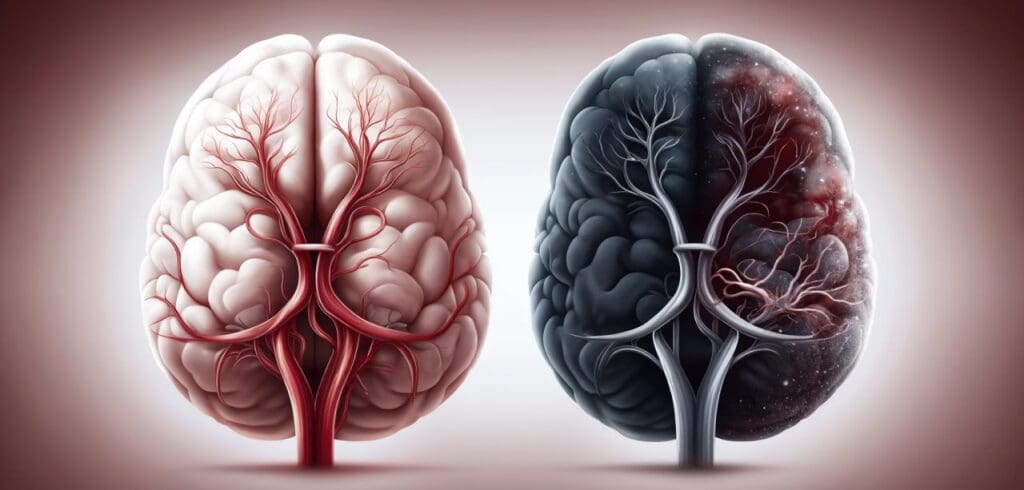 a medical illustration comparing ischemia and infarction in the human brain. The left side shows a brain with narrowed arteries and oxygen-deprived tissue, while the right side depicts a fully blocked artery leading to dark necrotic brain tissue.