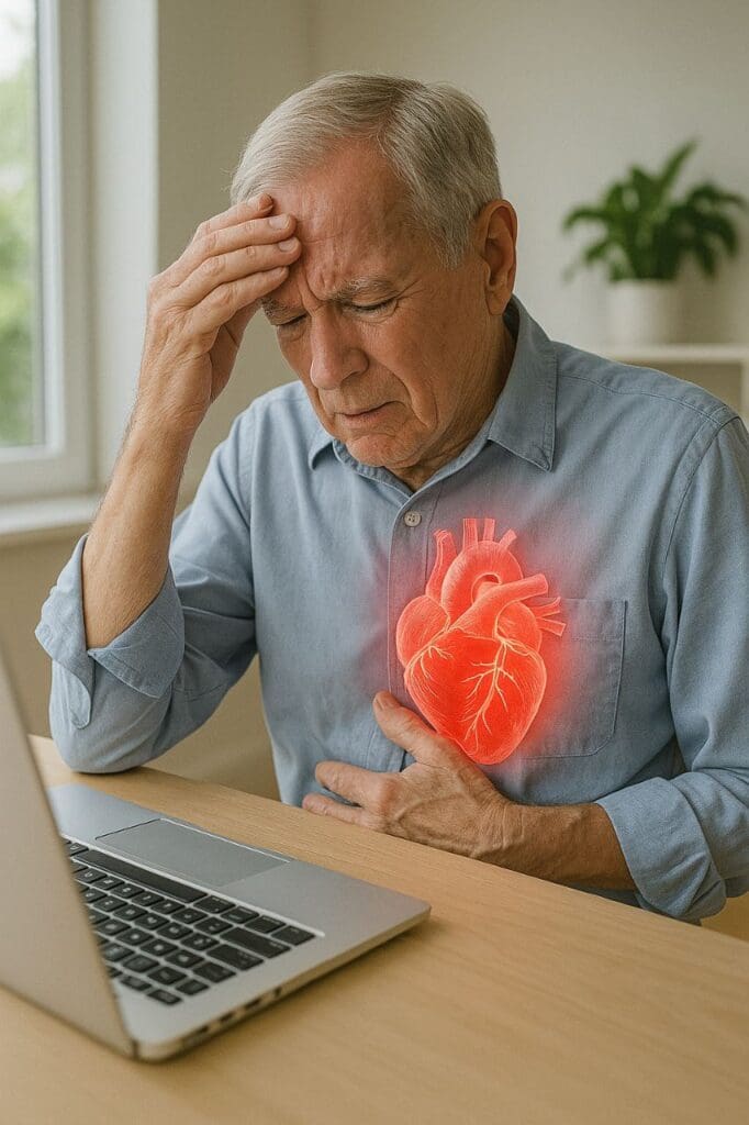 A senior man at a desk with a laptop, holding his chest over a glowing heart symbol and touching his forehead, indicating stress-induced heart complications