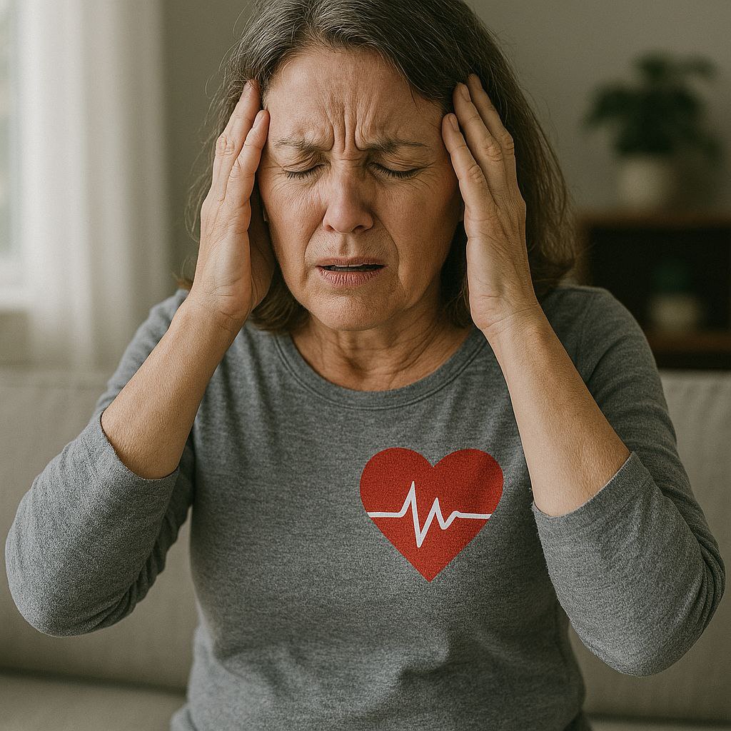 A middle-aged woman in a gray shirt with a heart and ECG symbol, sitting on a couch, holding her head with closed eyes in distress, representing emotional stress and its impact on heart health.