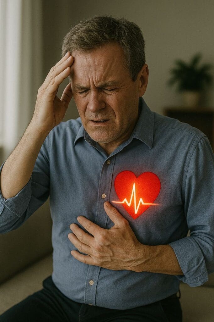 An older man in a blue shirt holds his chest over a glowing red heart with an ECG line, wincing in pain and touching his forehead, symbolizing the link between emotional stress and cardiovascular disease.