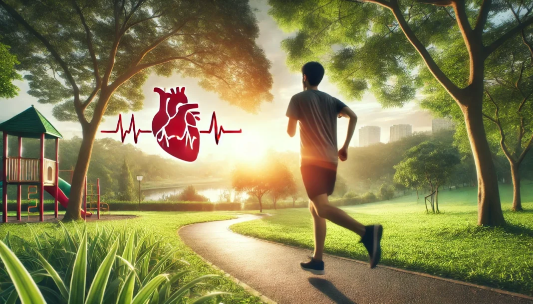 An energetic scene of a person jogging on a scenic park trail during sunrise, illustrating the importance of regular exercise in reducing plaque buildup.