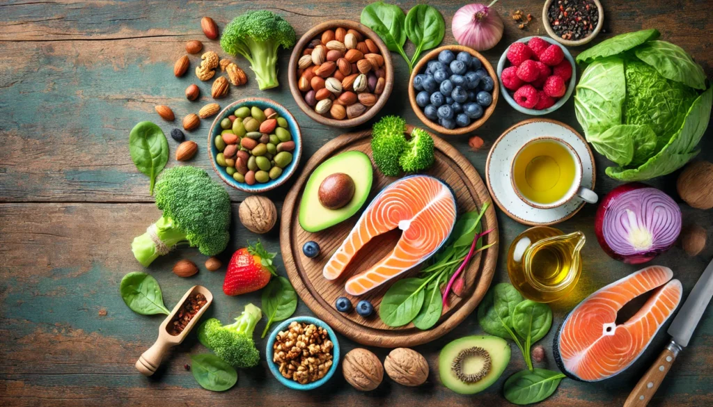 A vibrant overhead shot of a wooden table filled with heart-friendly foods like salmon, avocados, nuts, leafy greens, berries, olive oil, and green tea.