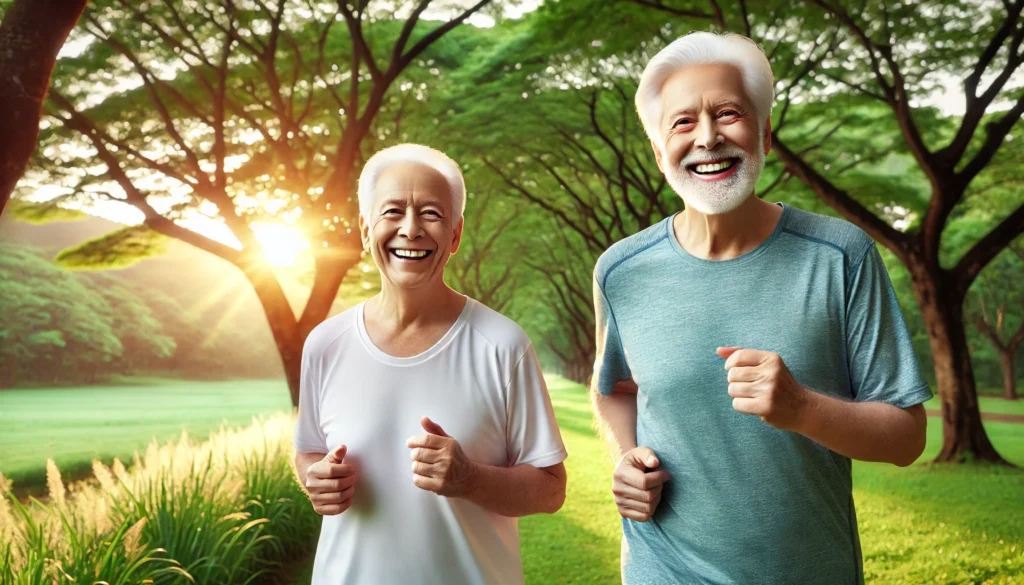 An elderly couple jogging in a lush park at sunrise, symbolizing the benefits of regular exercise in improving heart health.