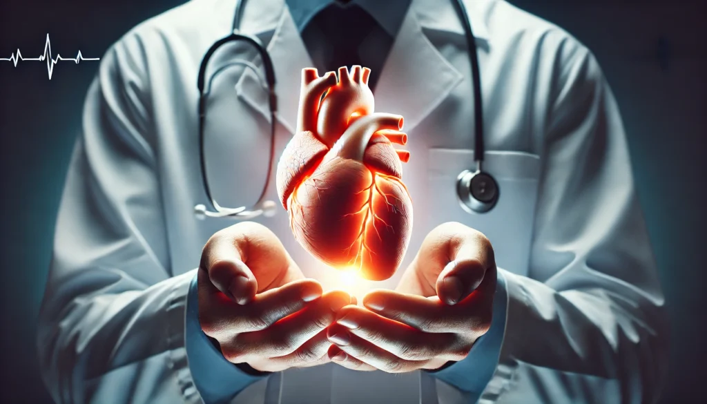 A close-up of a doctor’s hands holding a glowing, anatomically accurate human heart, symbolizing medical guidance and regular cardiovascular checkups.