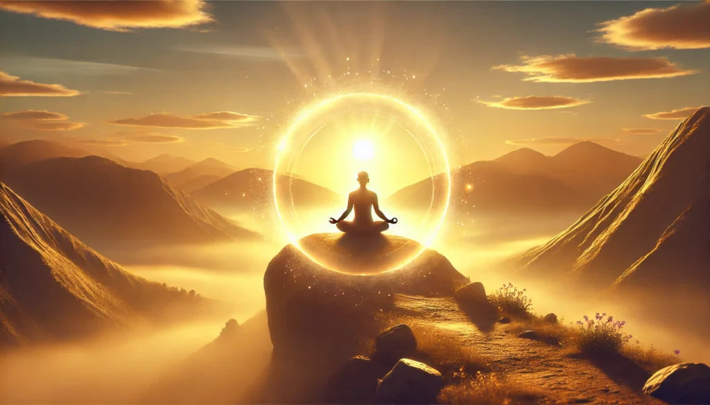 A peaceful sunrise meditation scene on a hilltop, representing the role of mindfulness in arterial health.