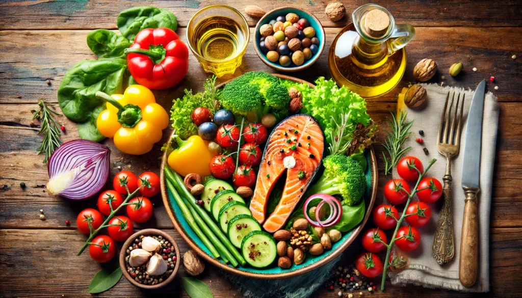 A vibrant Mediterranean-style meal featuring fresh vegetables, grilled salmon, olive oil, and nuts, beautifully arranged on a wooden table, symbolizing a heart-healthy diet.