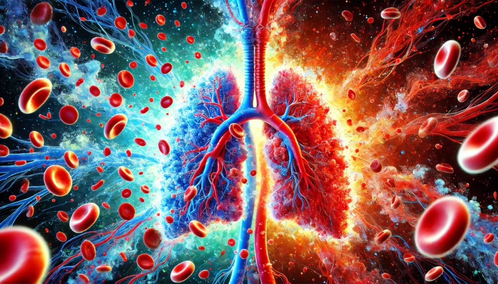 A dynamic artistic representation of red blood cells transitioning from deoxygenated (blue) to oxygenated (red) through the pulmonary artery.