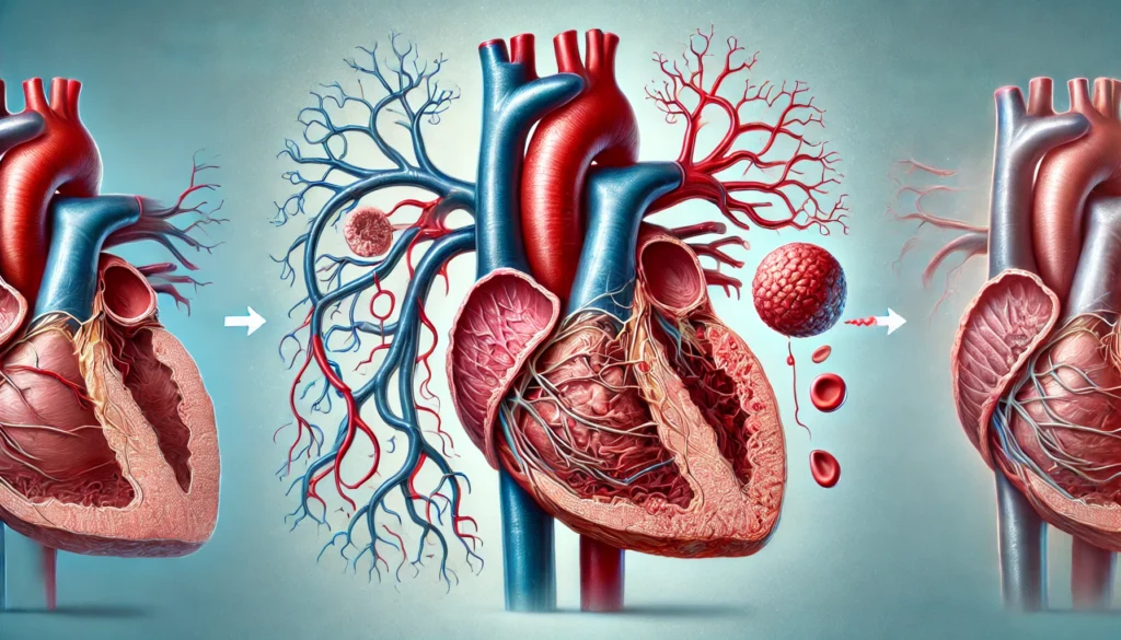 A medical depiction of the effects of pulmonary hypertension, showing thickened arterial walls, increased pressure, and its impact on the heart and lungs.