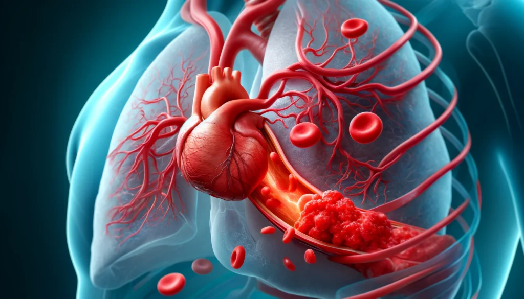 A detailed illustration of a blood clot lodged in the pulmonary artery, blocking blood flow to the lungs, with a contrast between normal circulation and obstruction.