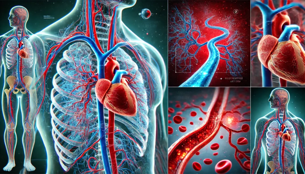 A high-resolution depiction of the pulmonary artery connecting the heart and lungs, with glowing blood flow visualization.