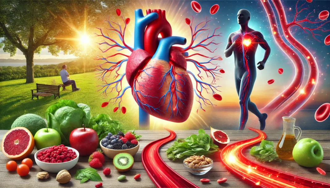 A detailed medical illustration showing human arteries with calcification buildup transitioning into clear, healthy arteries, symbolizing the process of reducing arterial calcification for improved heart health.