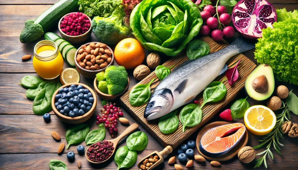 A vibrant close-up of heart-healthy foods, including leafy greens, berries, nuts, and fatty fish, displayed on a wooden table, emphasizing a nutrition-based approach to reducing arterial calcification and promoting cardiovascular wellness.