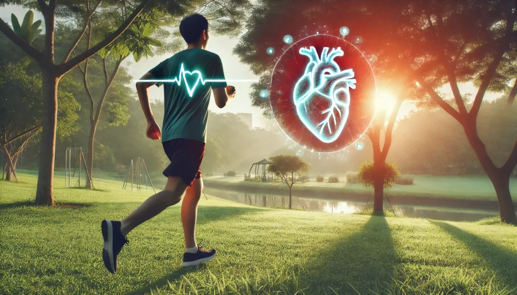 An active individual jogging in a lush green park during sunrise, with a glowing effect around the heart area, symbolizing the role of regular exercise in reducing arterial calcification and improving circulation.