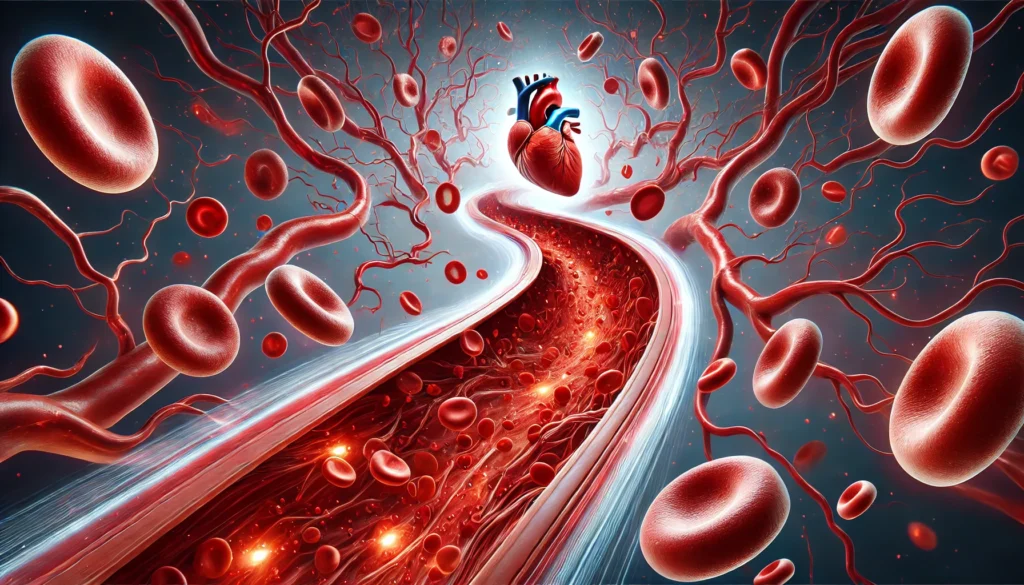 A conceptual image of smooth, healthy arteries surrounded by flowing red blood cells, illustrating enhanced circulation and reduced arterial calcification through science-backed lifestyle and dietary strategies.