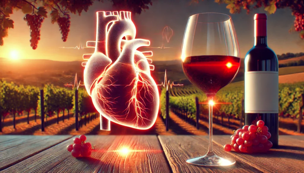 A glass of red wine with a glowing anatomical heart hologram above it, set against a vineyard at sunset, symbolizing the link between wine and heart health.