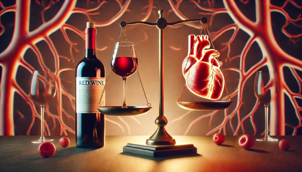 A balance scale holding red wine on one side and a glowing heart on the other, emphasizing the importance of moderation in wine consumption for heart health.