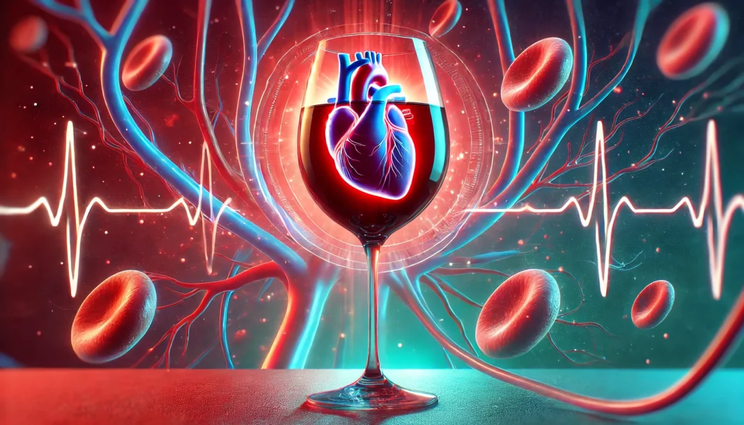A wine glass filled with deep red wine reflecting a glowing human heart, surrounded by abstract blood vessels and a heartbeat line, symbolizing wine’s impact on cardiovascular health.