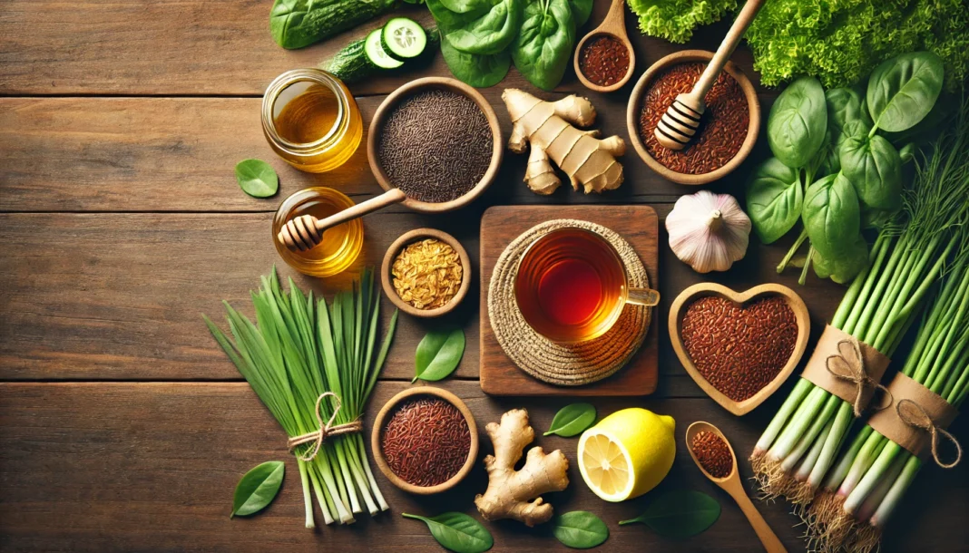 A top-down view of a wooden table with natural remedies for chest pain relief, including ginger, turmeric, garlic, herbal tea with honey and lemon, flaxseeds, and fresh leafy greens, symbolizing heart health and wellness.