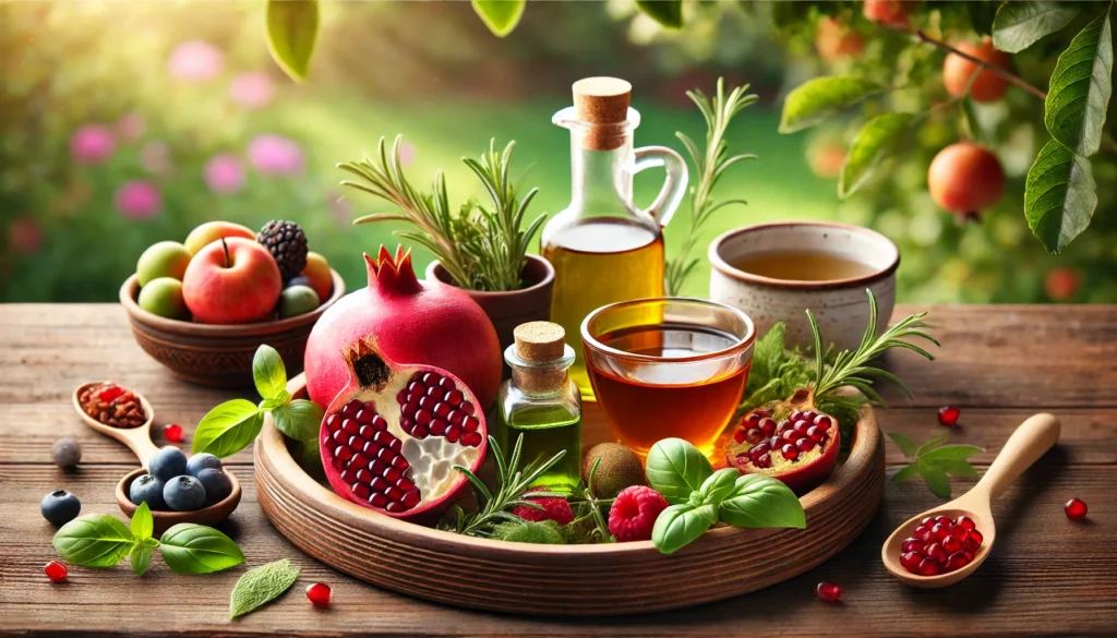 A calming outdoor scene featuring a wooden tray with heart-healthy foods such as pomegranates, berries, green tea, olive oil, and fresh herbs like basil and rosemary, set against a lush green garden backdrop.