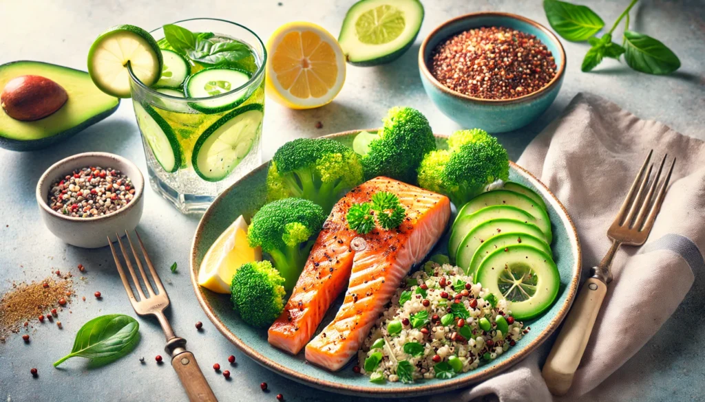 A nutritious meal designed for heart health, consisting of grilled salmon, steamed broccoli, avocado slices, quinoa, and lemon wedges, accompanied by a glass of cucumber-infused water, set in a soft-lit kitchen setting.
