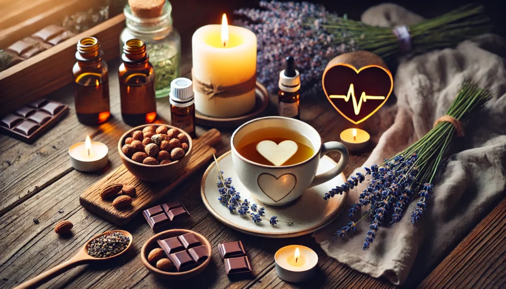 A cozy wellness scene promoting heart health, featuring a cup of chamomile tea, essential oils, a lit candle, fresh lavender, a bowl of mixed nuts, and a small dish of dark chocolate, symbolizing natural relaxation and healing.
