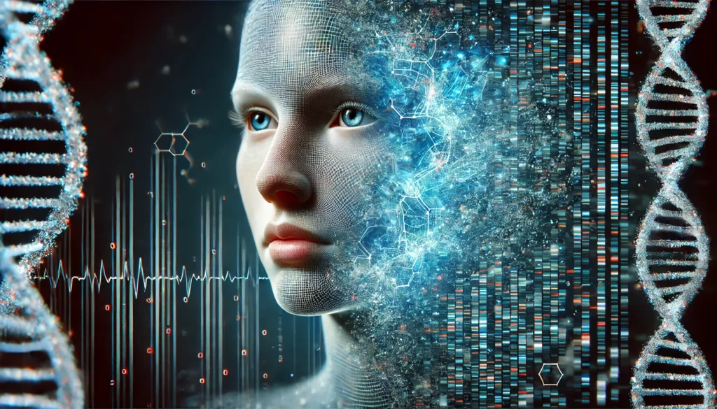 A conceptual image of a human face dissolving into a digital matrix of DNA sequences, symbolizing the fusion of personal identity and genetic data. The artwork represents the complexity and reliability of genetic health screenings in a futuristic style.