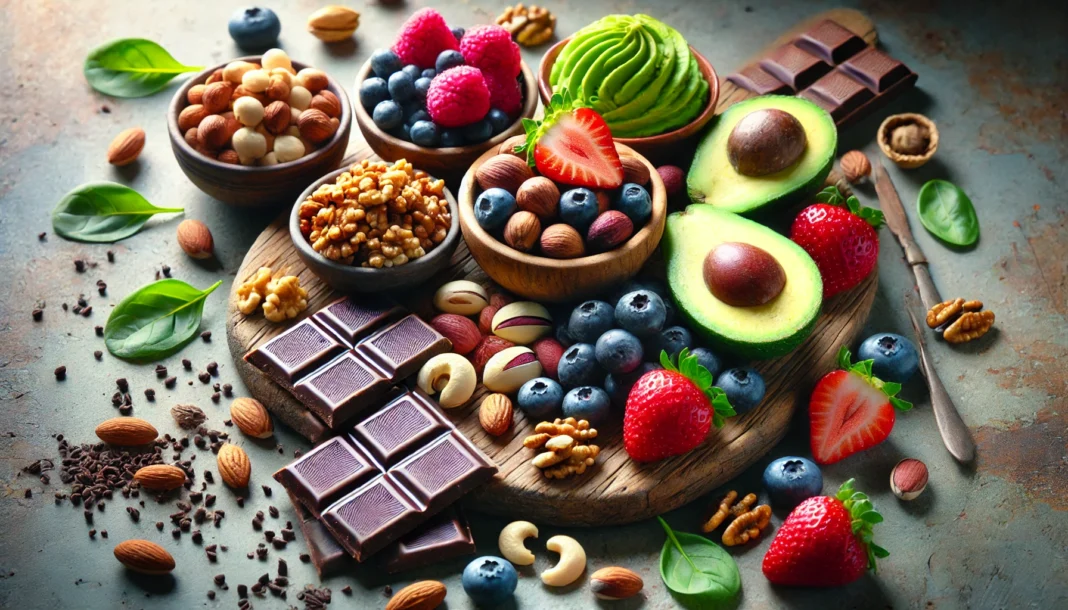A vibrant assortment of heart-healthy snacks displayed on a wooden board, featuring mixed nuts (almonds, walnuts, pistachios), fresh berries (blueberries, strawberries), dark chocolate pieces, and sliced avocado. The rich colors and textures highlight their nutritional value.
