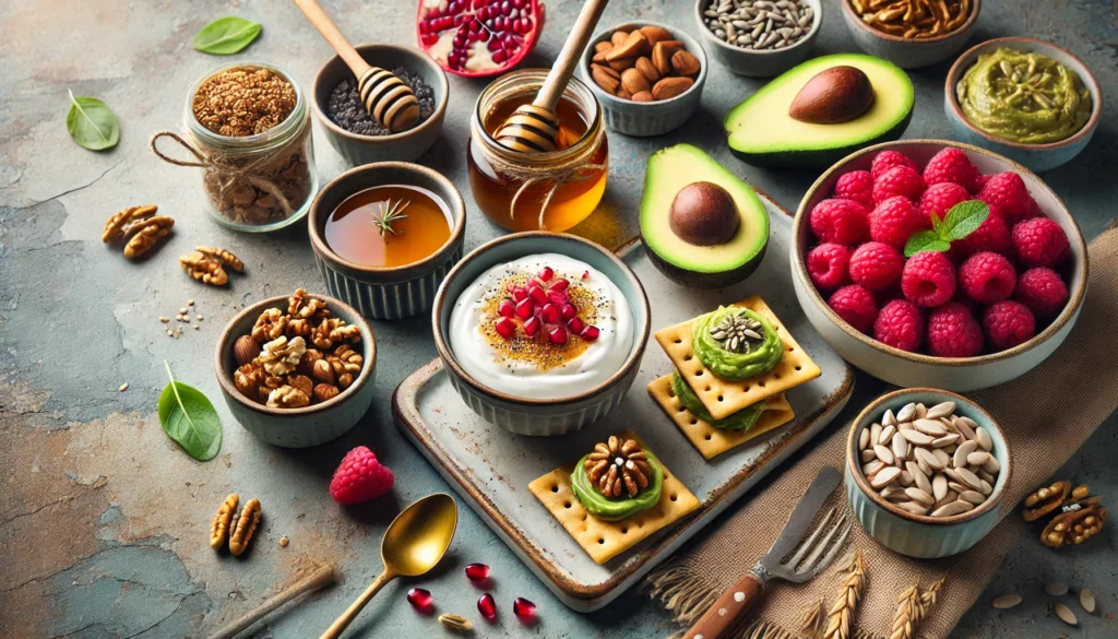 A visually appealing spread of heart-healthy snacks in small bowls, including Greek yogurt with honey and nuts, fresh raspberries, pomegranate seeds, whole-grain crackers with avocado spread, and unsalted sunflower seeds. Set on a textured kitchen countertop for a cozy, inviting feel.
