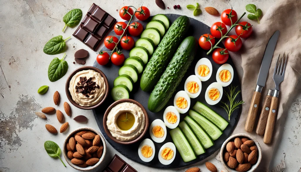 A beautiful selection of heart-healthy snack options on a dark slate serving board, featuring sliced cucumbers, cherry tomatoes, hummus, boiled eggs, raw almonds, and dark chocolate-covered nuts. A clean, minimalist aesthetic enhances the fresh presentation.