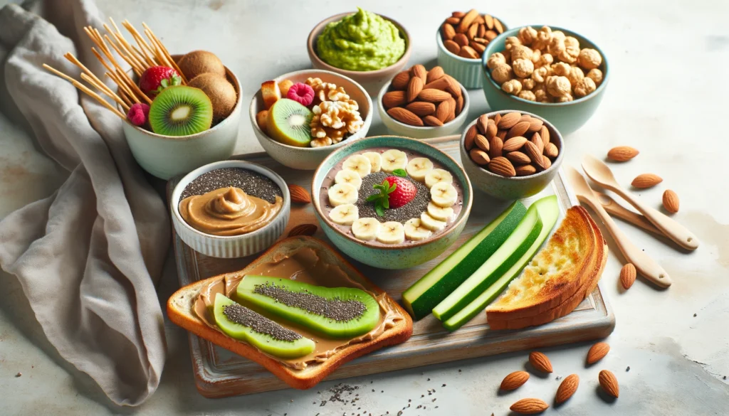 An inviting snack tray arranged with heart-healthy ingredients: a smoothie bowl topped with chia seeds and sliced kiwi, whole wheat toast with almond butter and banana slices, a small bowl of mixed nuts, and a plate of crunchy veggie sticks with guacamole. The light, airy kitchen counter adds a fresh touch.