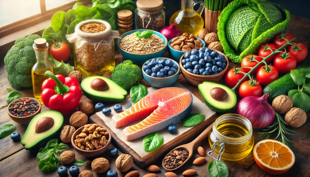 A vibrant assortment of heart-healthy foods displayed on a wooden kitchen counter, featuring salmon, avocados, walnuts, almonds, blueberries, oatmeal, leafy greens, olive oil, and colorful vegetables.