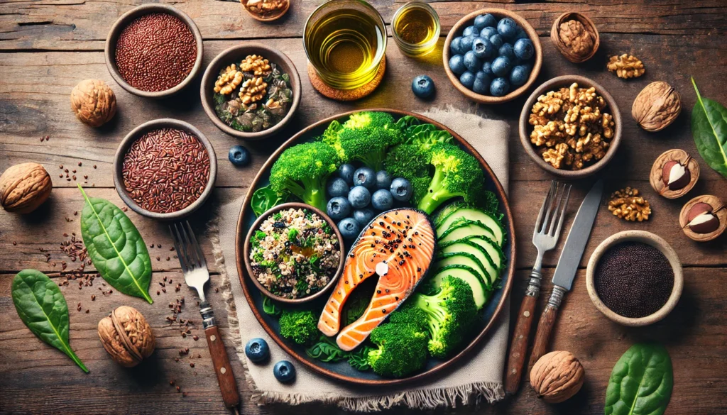 A visually appealing heart-healthy meal on a rustic dining table, including grilled salmon, quinoa and kale salad, steamed broccoli, walnuts, flaxseeds, blueberries, and a glass of green tea.