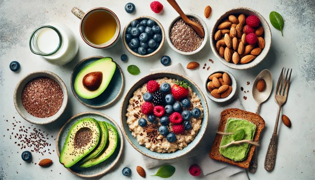 A top-down view of a heart-healthy breakfast spread on a white marble countertop, featuring oatmeal with berries and flaxseeds, almond milk, mixed nuts, avocado toast, and green tea.