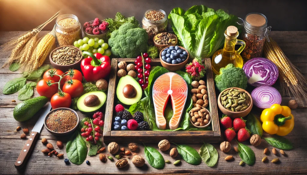 A colorful farmers' market-style display of heart-healthy foods on a rustic wooden table, including salmon, avocado, leafy greens, berries, nuts, seeds, whole grains, and extra virgin olive oil.