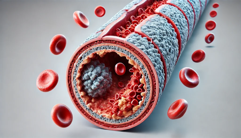 A 3D-rendered medical visualization showing the progression of atherosclerosis, illustrating plaque buildup in an artery over time. The cross-sectional view displays different stages, from minor fatty deposits to significant calcification, highlighting the narrowing of the blood vessel.