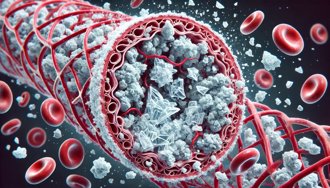 A microscopic medical illustration showing calcium deposits accumulating within the arterial walls. The image highlights the crystalline structure of calcium in contrast to the surrounding soft tissue, emphasizing the impact of vascular calcification on blood flow.