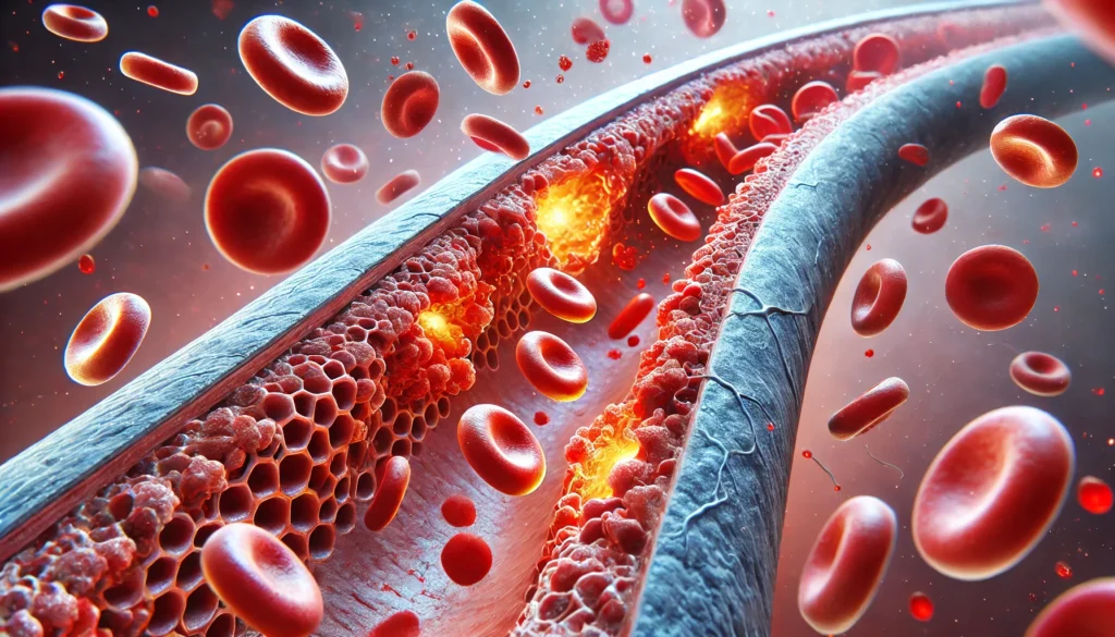 A realistic 3D medical illustration showing a blocked artery due to vascular calcification, leading to reduced blood flow. The image features a contrast between red blood cells struggling to pass through a narrowed artery and calcified plaque lining the vessel walls.