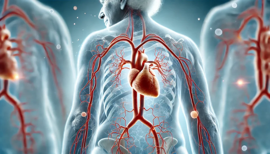 A medical illustration of an elderly person with a transparent view of their cardiovascular system, highlighting areas affected by vascular calcification. The image focuses on the arteries near the heart and legs, showing calcium deposits and reduced blood flow.
