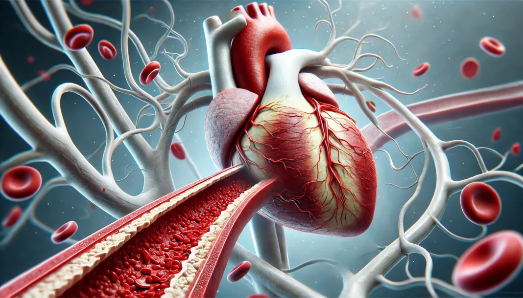 A detailed medical illustration of a human heart and blood vessels, depicting narrowed arteries due to plaque buildup (atherosclerosis). The image emphasizes restricted blood flow, highlighting the risk of cardiovascular disease.